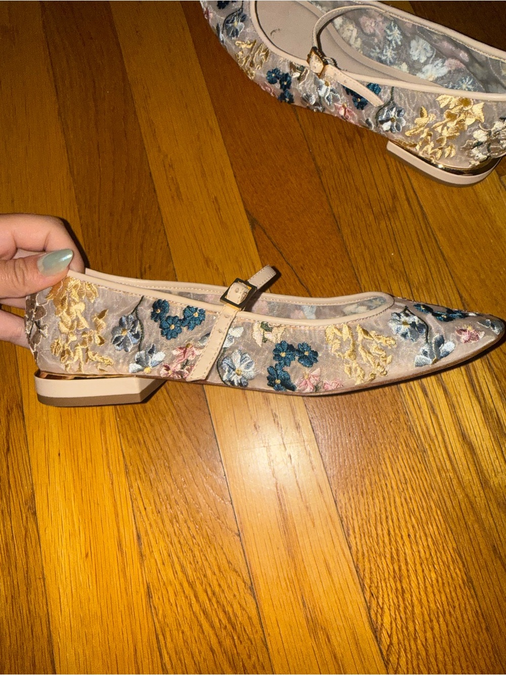 Ted Baker Beige Mary Jane Flats with Multicolor Floral Embroidery - Picture 3 of 3